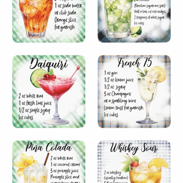 Koktejlové recepty #1 | podložka pod hrnek, sada 6 kusů