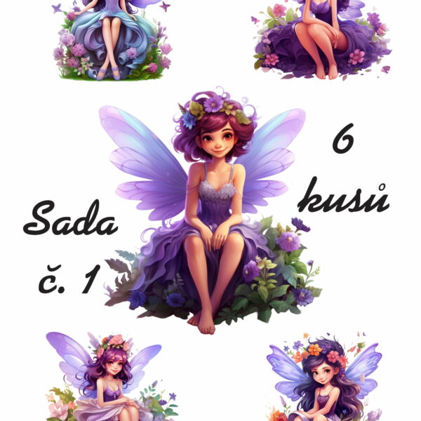 Fialové zahradní víly Sada 6 kusů #1 | nažehlovací obrázek na textil a jiné materiály, různé rozměry